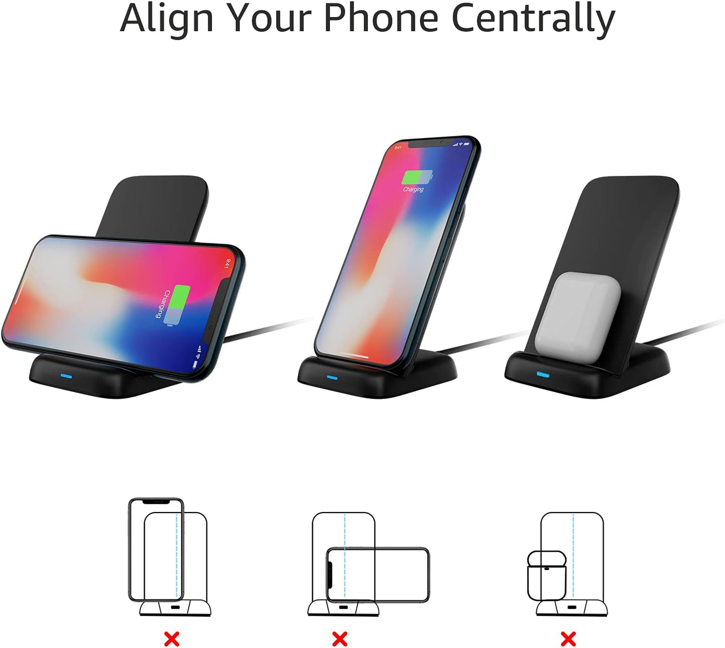 Amazon Basics Wireless Phone Charger Stand, 10W Qi Certified with USB Cable, Compatible with iPhone 16/15/14/13/12/11/X, Samsung & More, with USB Cable, Black (No AC Adapter)