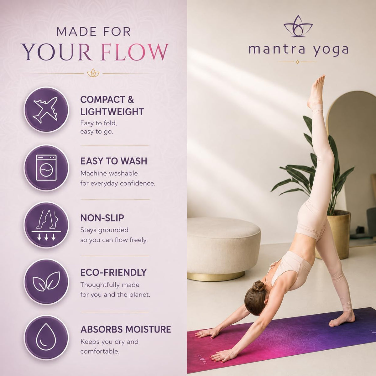 Mantra Yoga Travel PRO 1.5mm with Knee Pad - Foldable Fitness & Exercise Mat with Bag | Lightweight, Compact & Eco-Friendly | Non-Slip & Washable | For All Types of Yoga | 72" L x 24" W | 2.6 lbs