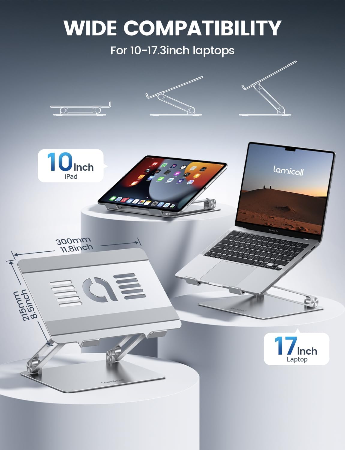 Lamicall Adjustable Laptop Stand, Portable Laptop Riser, Aluminum Laptop Stand for Desk Foldable, Ergonomic Computer Notebook Holder for MacBook Air Pro HP, Office Desk Accessories (10-17.3'')- Silver
