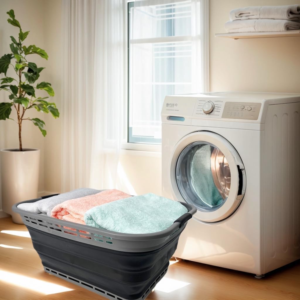 SAMMART 42L (11 Gallons) Collapsible Plastic Laundry Basket - Foldable Pop Up Storage Container/Organizer - Portable Washing Tub - Space Saving Hamper/Basket [BPA Free] (Grey/Black)