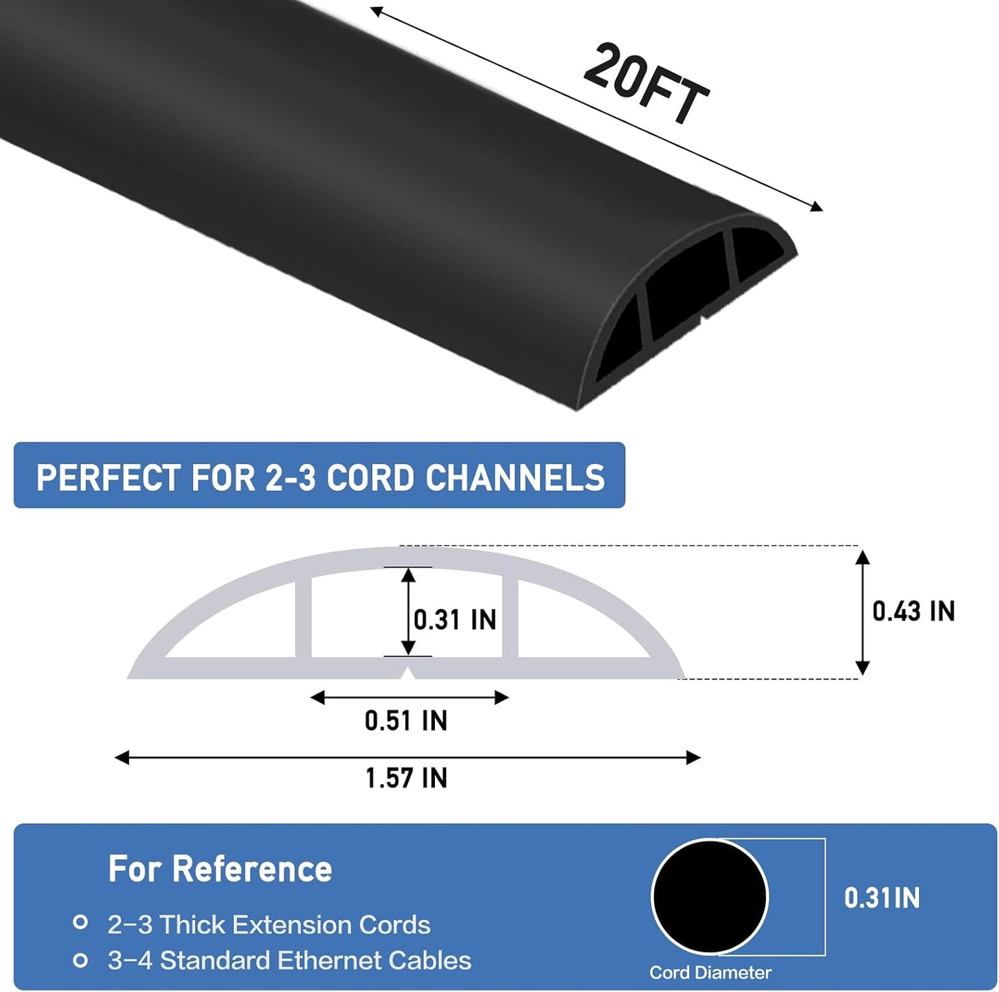 LSGCQ Floor Cord Cover Self Adhesive Cord Hider Floor Cable Management | Cord Covers for Wires on Floor Cable Cover, Prevent Cable Trips, Cable Cavity 0.51" W x 0.31" H, 20Ft, Black