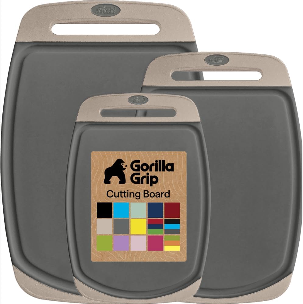GORILLA GRIP BPA-Free Reversible Kitchen Cutting Board Set of 3, US Designed, Nonporous, Juice Grooves Catch Liquid, Slip Resistant Border, Dishwasher Safe, Durable Food Chopping Boards, Gray Almond