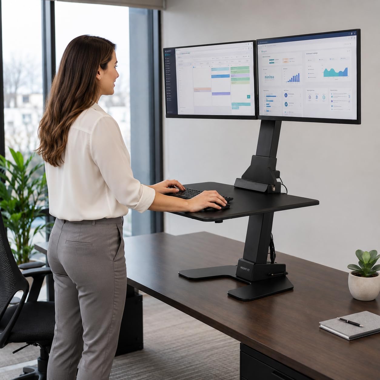 Mount-It! Double Monitor Electric Standing Desk Converter - 2 Screens Stand Up Desk Riser - Height Adjustable Desktop & 2 Mounts for Screens up to 32", Sit-Stand Convertor for Home, Office, School