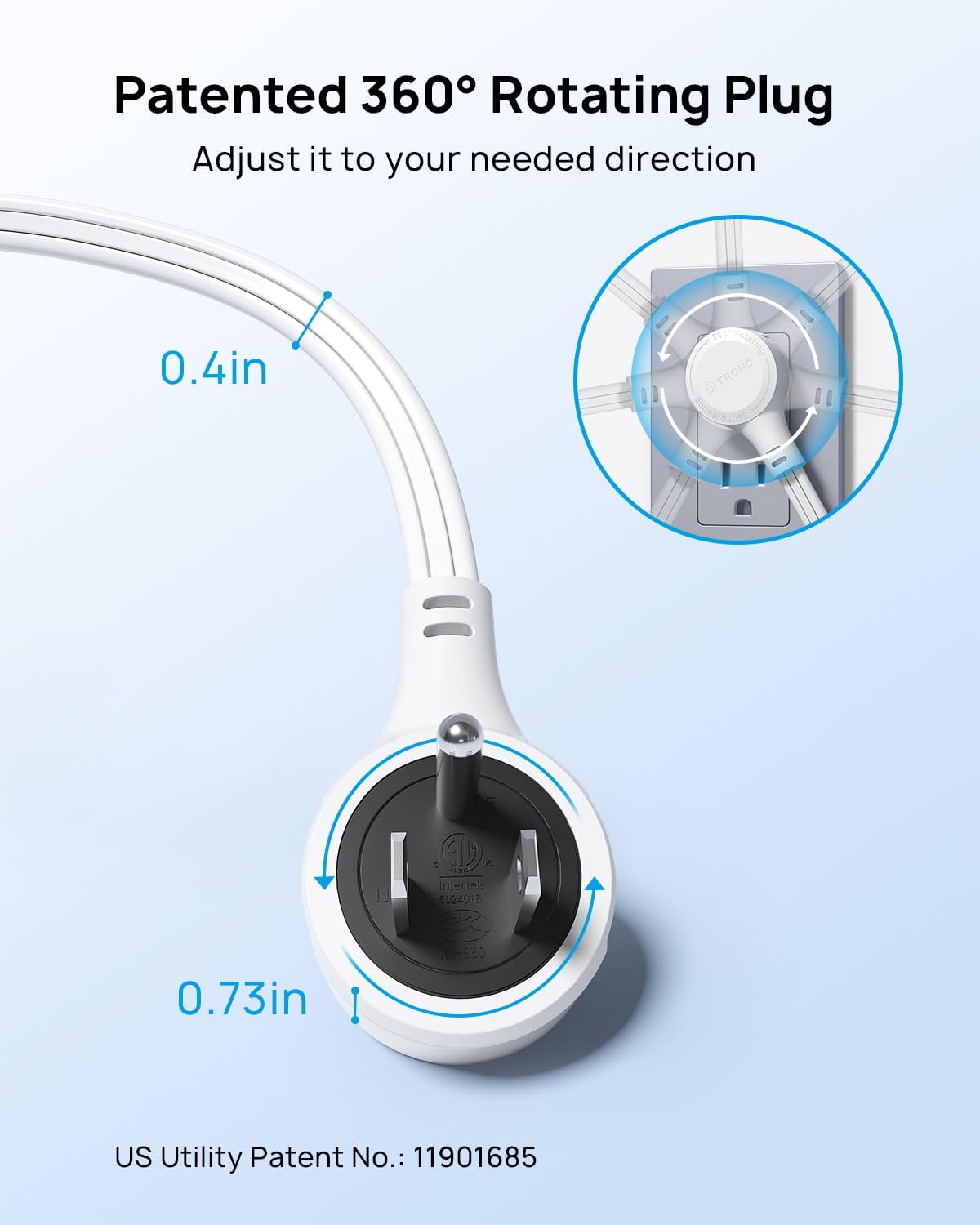 TROND Flat Extension Cord 6ft with 360° Rotating Plug, ETL Listed 3 Prong Power Strip, Low Profile Three Outlets, 13A, SPT 16/3 Gauge, Small for Tight Spaces Indoor Home Office Cruise Travel, White