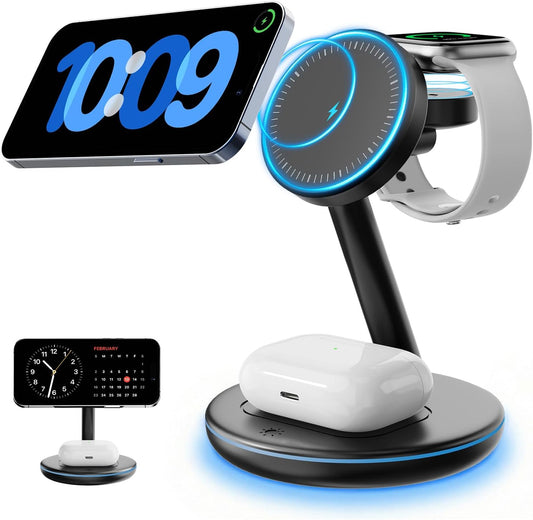 QWOSE 2026 Traveling 3 in 1 Charging Station for Apple iPhone AirPods Watch | with Mag-Safe Wireless Charger Stand for iPhone 17 16 15 14 13 12 Series AirPods iWatch Series - Gifts for Wife & Husband
