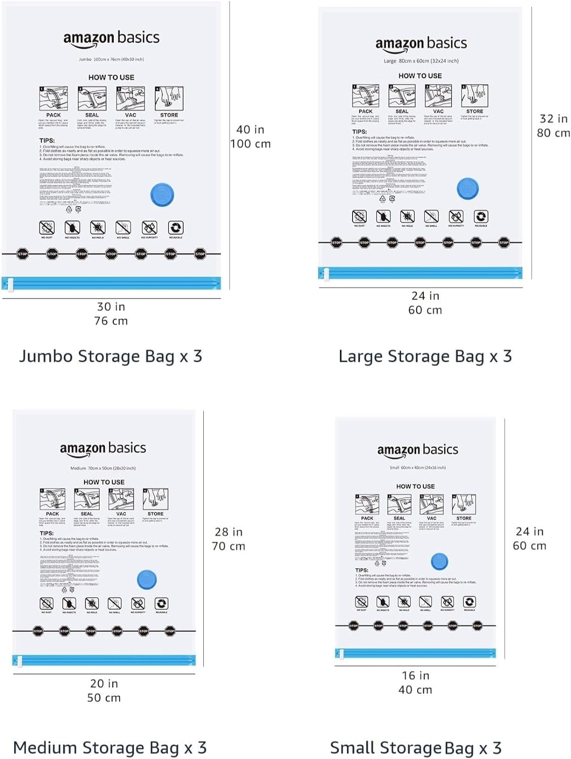 Amazon Basics Vacuum Storage Bags with Hand Pump for Travel, Space Saving Compression Bags for Clothes and Blankets, Clear, 12 Pack (3 Small, 3 Medium, 3 Large & 3 Jumbo)