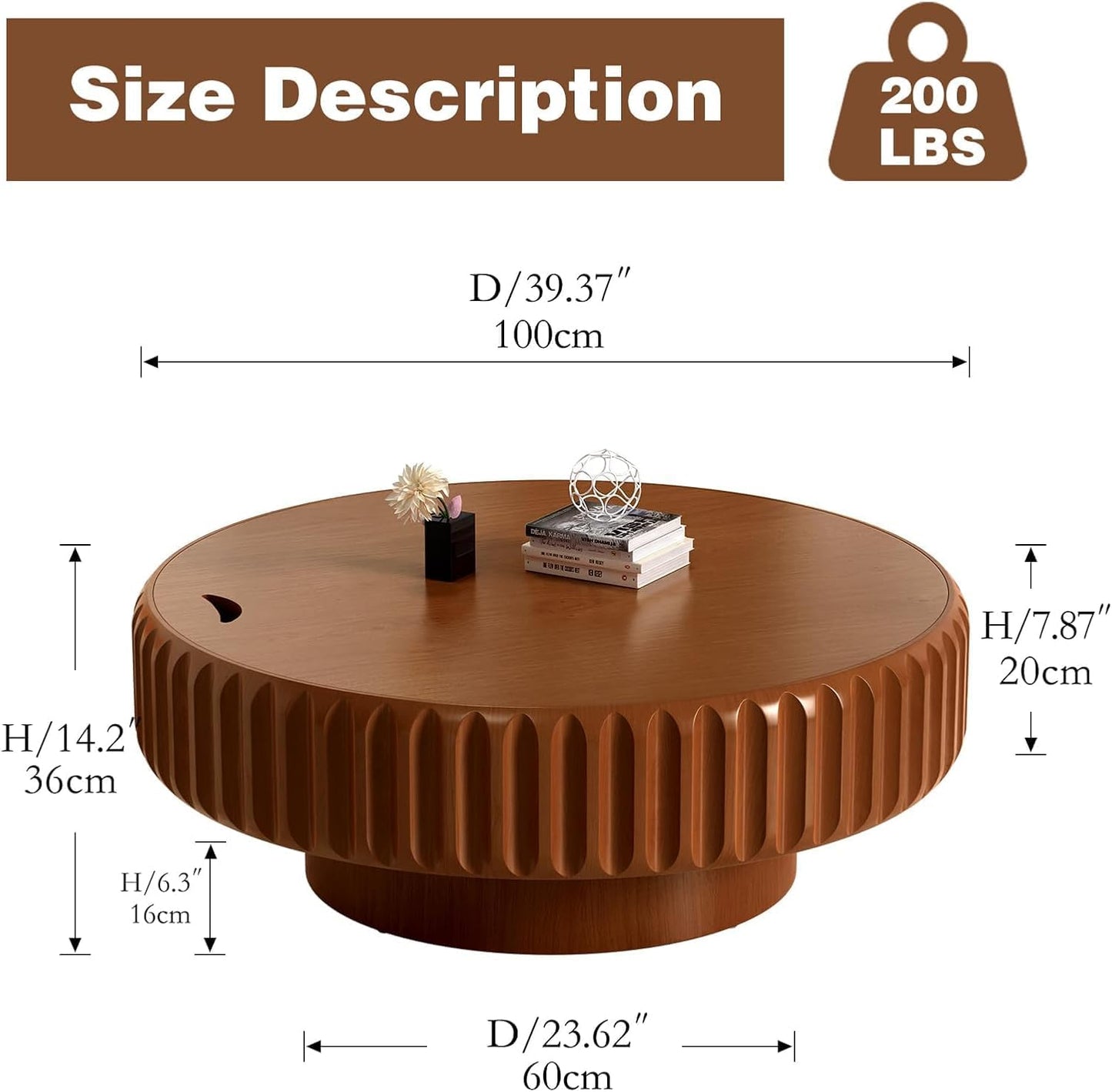 39.4 in Brown Round Drum Coffee Table with Storage | Modern Round Fluted Storage Center Table Handcrafted Solid Wood Fluted Edge, Cylindrical Base For Living Room, Apartment
