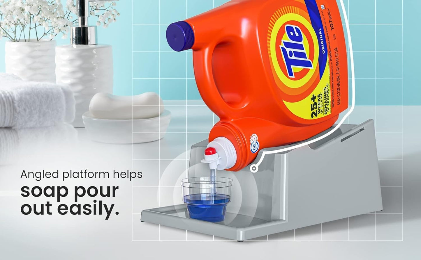 TidyFriend Liquid Laundry Detergent Holder Stand with Drip Tray & Rubber Grip Feet, Stand for Laundry Room Organization and Storage, Fabric Softener Dispenser with Cup Holder for Easy Pouring (Grey)