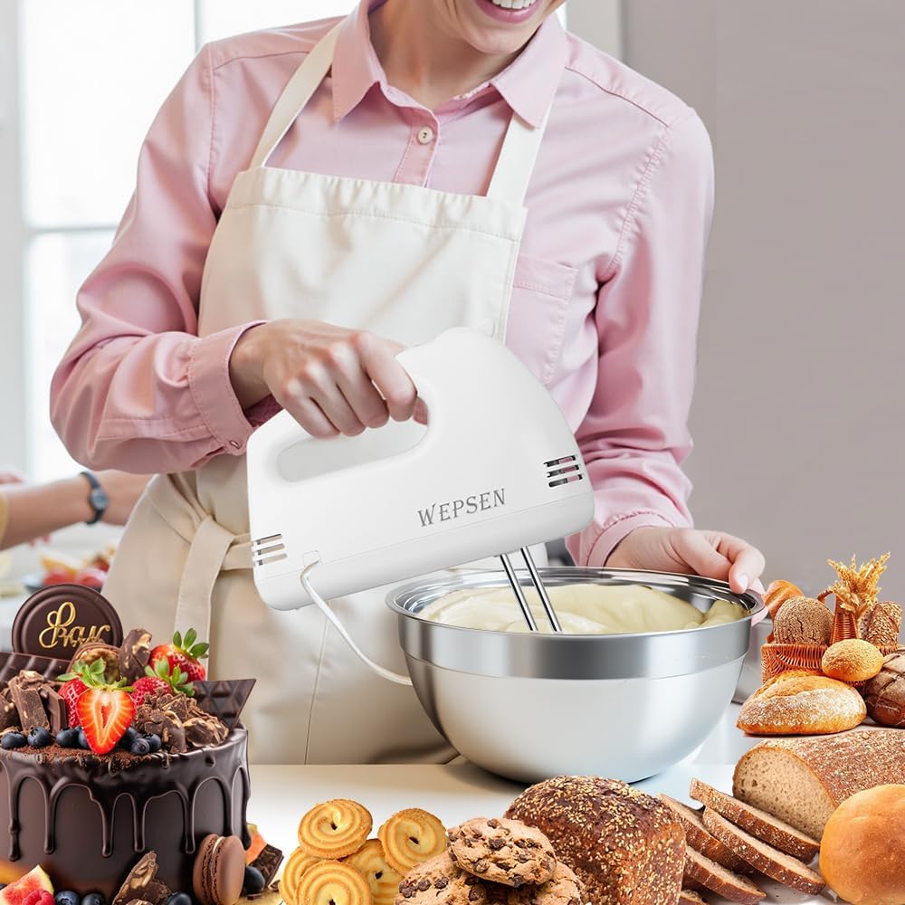 WEPSEN 5-Speed Electric Hand Mixer, 4 Large Mixing Bowls Set, Handheld Mixers with Whisks Beater, Stainless Steel Metal Nesting Bowl Measuring Cups Spoons Kitchen Cake Blender for Baking Supplies