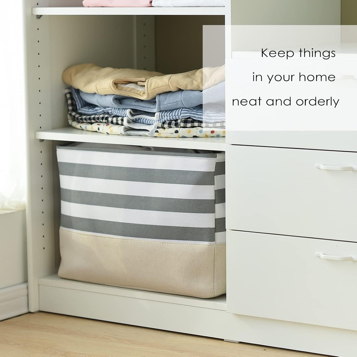 TheWarmHome Jumbo Storage Bins Baskets, Sturdy Fabric Organizing Basket W/Handles, Decorative Foldable Storage Baskets for Shelves Closet Nursery Toy (Grey&White Stripes 3 Pack, 20.5Lx15.7Wx13.8H in)