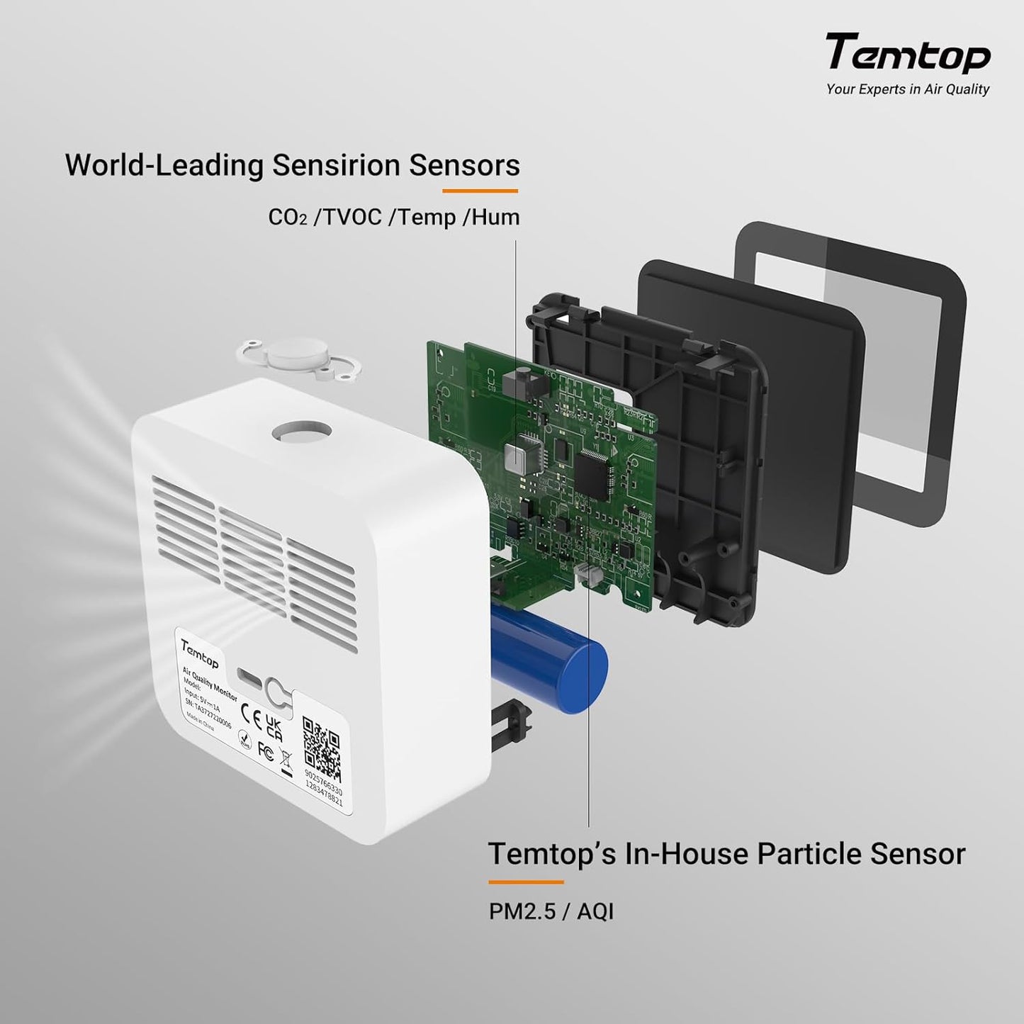 Temtop M10+ Indoor Air Quality Monitor & CO2 Meter for Home, 6-in-1 PM2.5 & VOC Detector, E-Ink Display, Battery Powered 60-Day Quiet Bedroom Air Pollution Monitor, App Temperature & Humidity Sensor