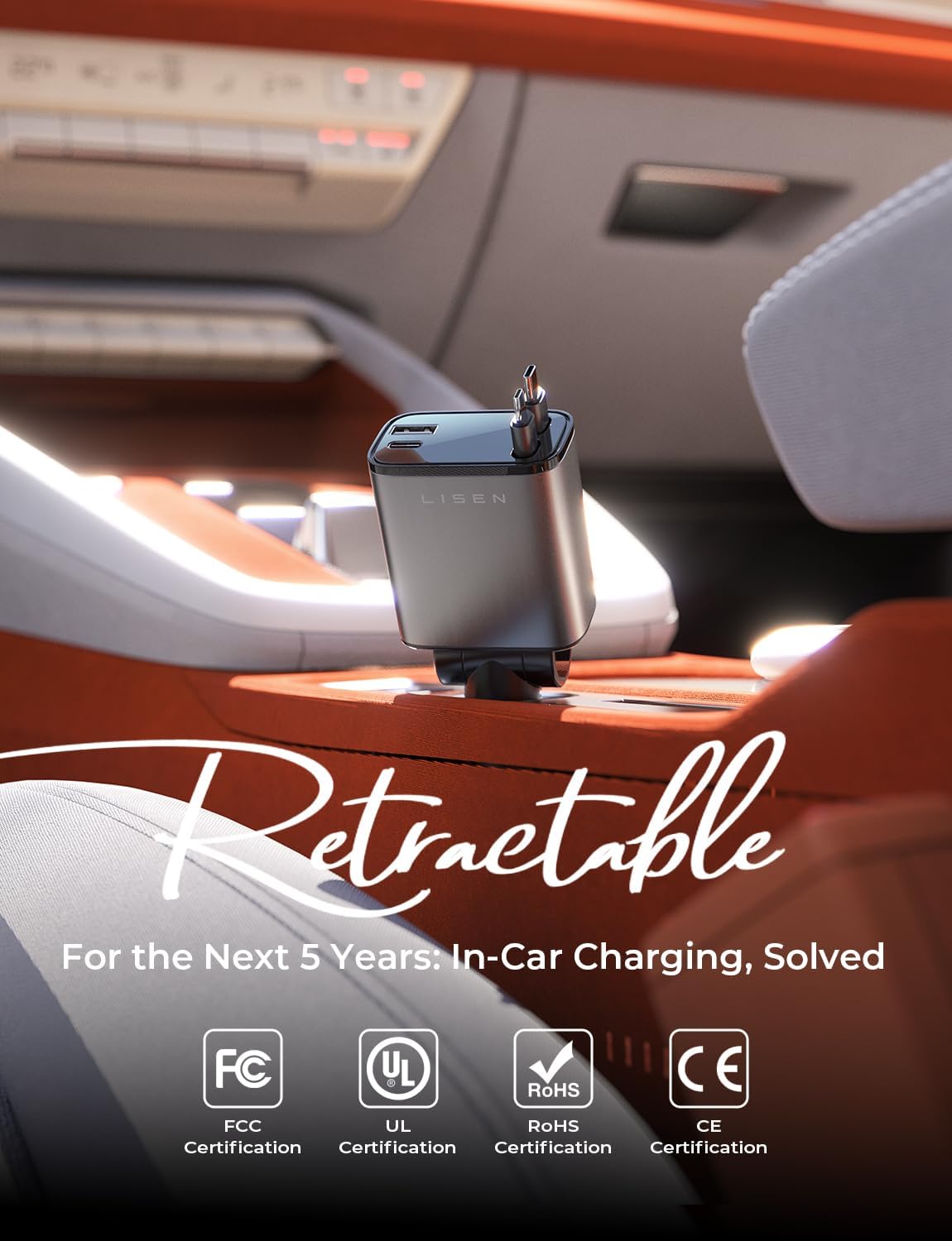 LISEN Retractable Car Charger USB C [Upgraded Dual Type C] 75W Fast 4 in 1 Car Charger for iPhone 17, Road Trip Essentials Gifts for Men Women, Car Accessories for Galaxy S26 Phone 17e 16 15 Pro Max