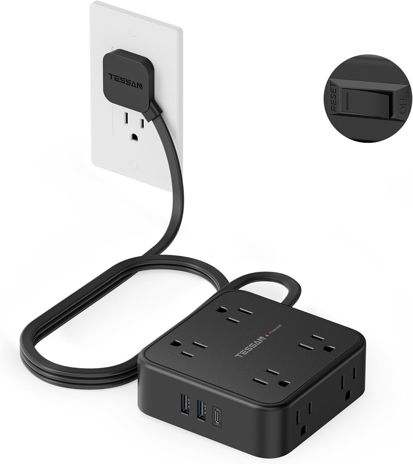 TESSAN Surge Protector Power Strip, 5 Ft Flat Plug Extension Cord with 3 USB (1 USB C) 8 Outlets, 1250W, 900J Protection, 3 Sided Outlet Extender with Power Switch for Office, Dorm Room, Grey