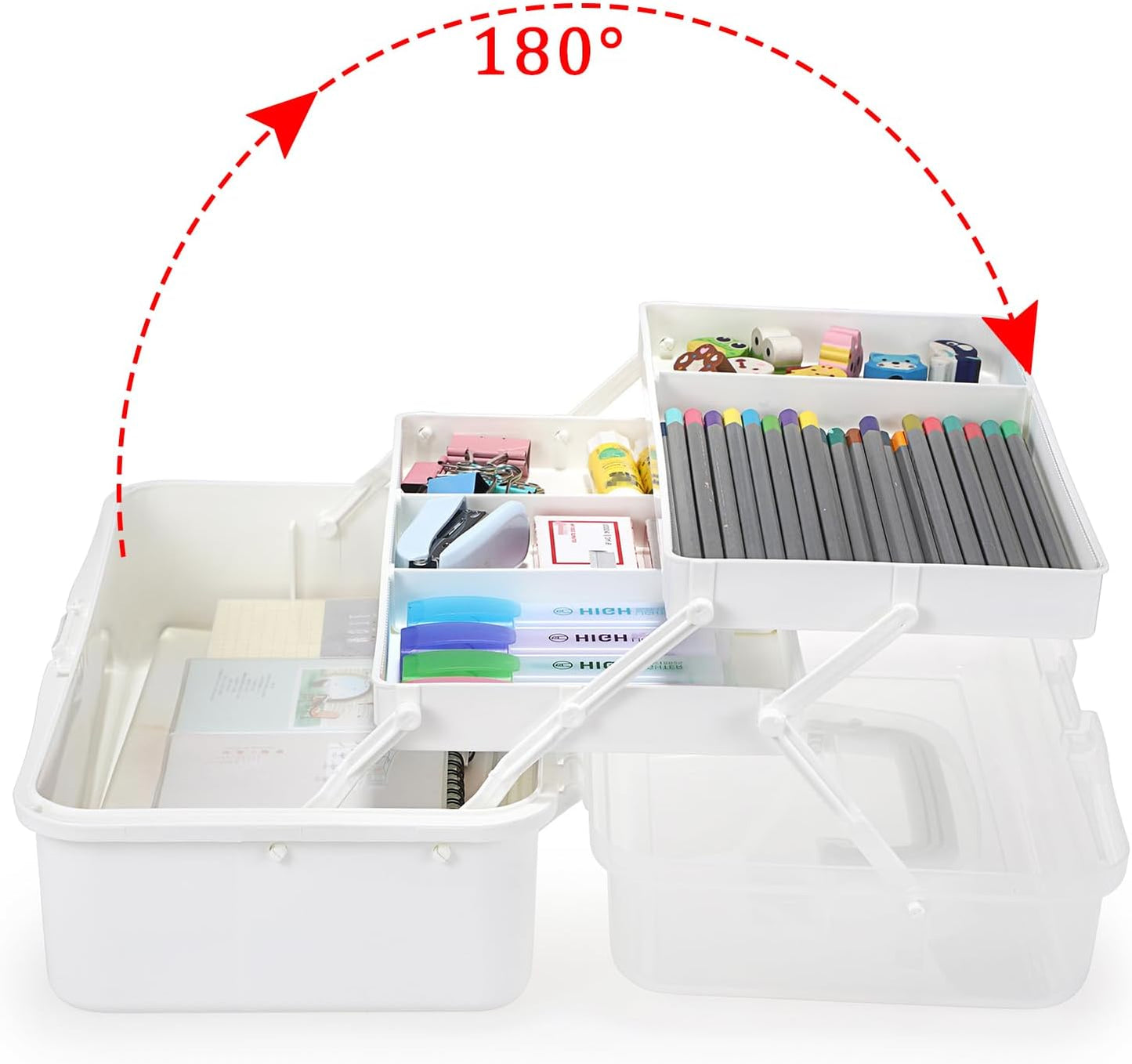 BTSKY 3-Layer Plastic Dividing Storage Box Craft Organizer with Adjustable Spacers Portable Handled Art Supply Organizer Multipurpose Home Utility Box for Medicine Box Sewing Box (Beige White)