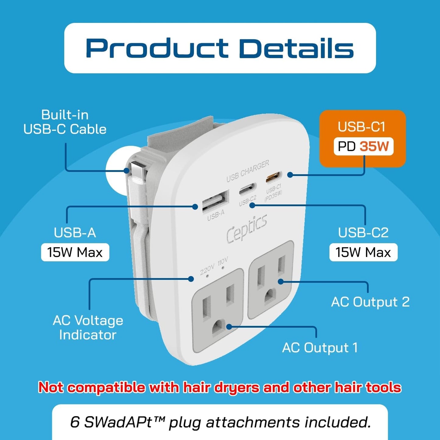 Ceptics 35W Universal Travel Adapter Kit – 2 USA sockets, USB-A, USBC, 1x PD 35W USB-C and USBC Cable, Surge Protected, Plugs for EU, UK, China, AU, Japan - for Laptop, Phone, Camera-ETL Tested