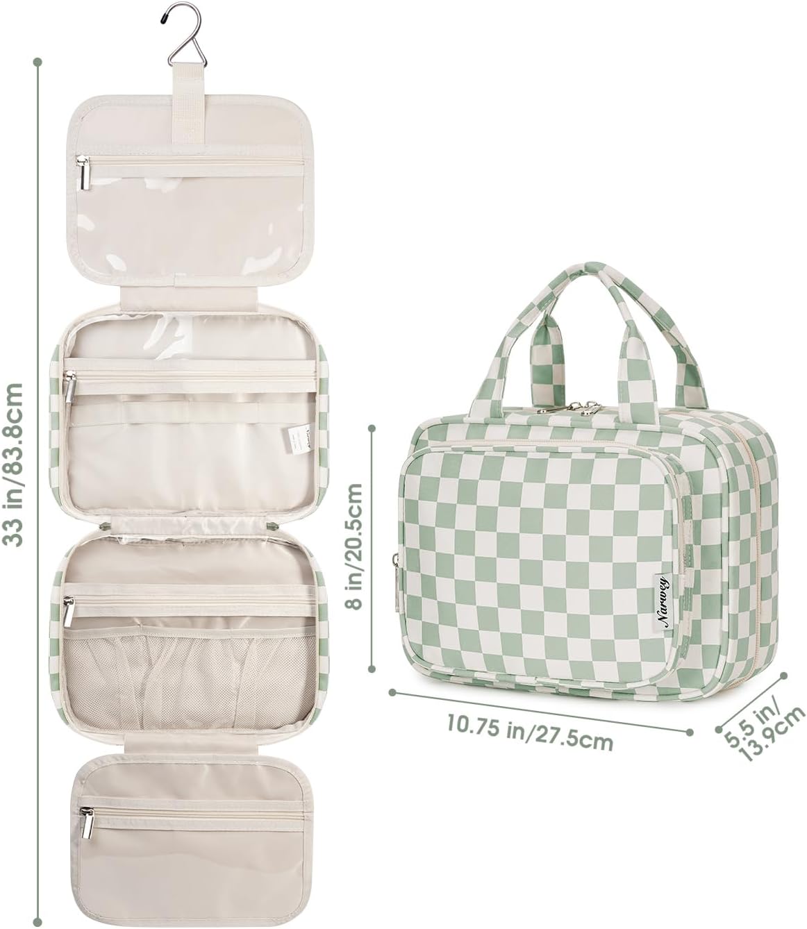 Narwey Hanging Toiletry Bag for Women Travel Checkered Makeup Bag Organizer Toiletries Bag for Travel Size Essentials, Accessories, Brushes, Cosmetics (Green Checkerboard (Medium))