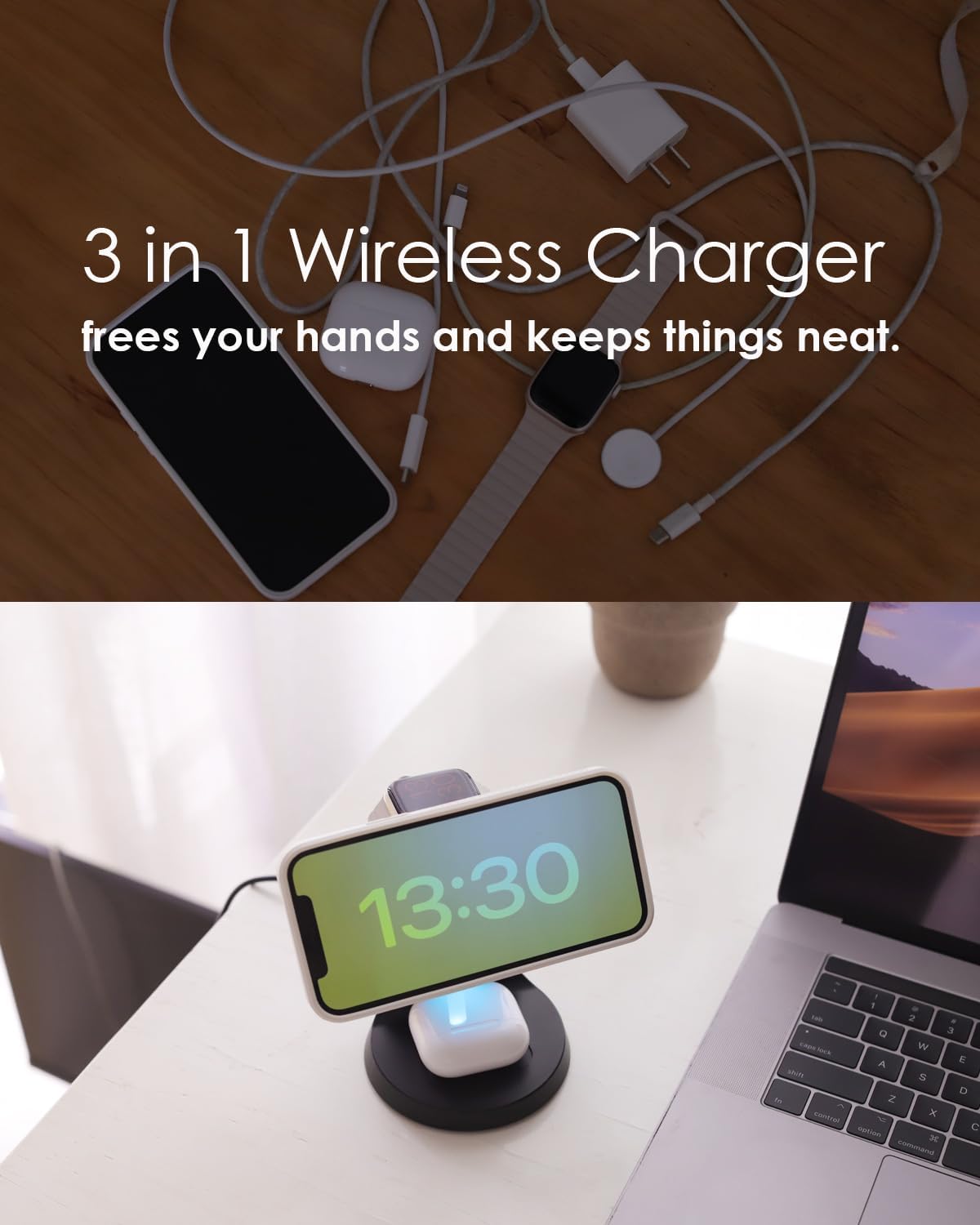 Wireless Charger,3 in 1 Charging Station,15W Phone Charger Stand | Compatible with Mag-Safe Charger for iPhone 17/16/15/14/13/12 Series, Apple Watch, AirPods (Adapter Included)
