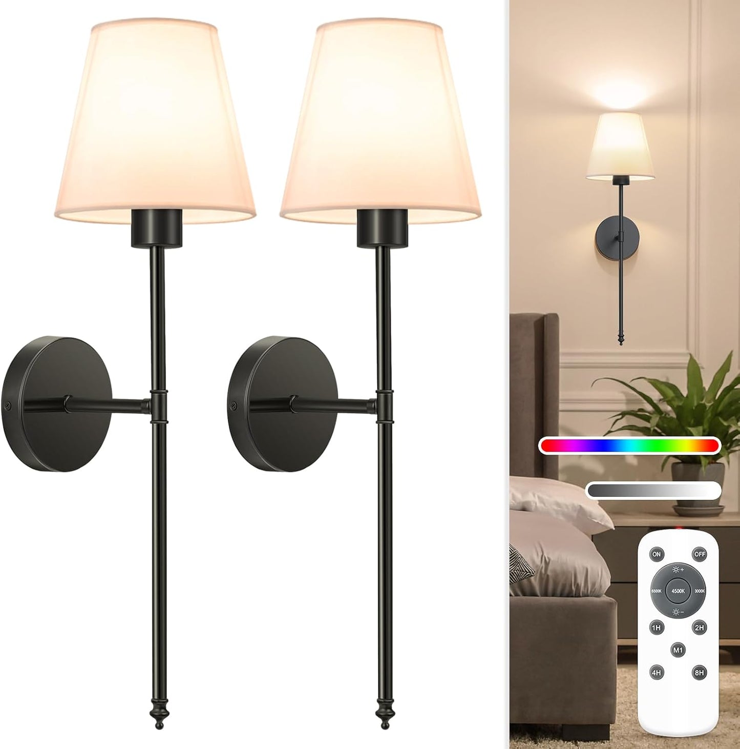 NIORSUN Battery Operated Wall Sconce Set of 2,Black Rechargeable Wall Lights with 10400mAh Dimmable Bulbs and Remote,10 Colors Wireless Wall Lamps for Bedroom Living Room Hallway Decor