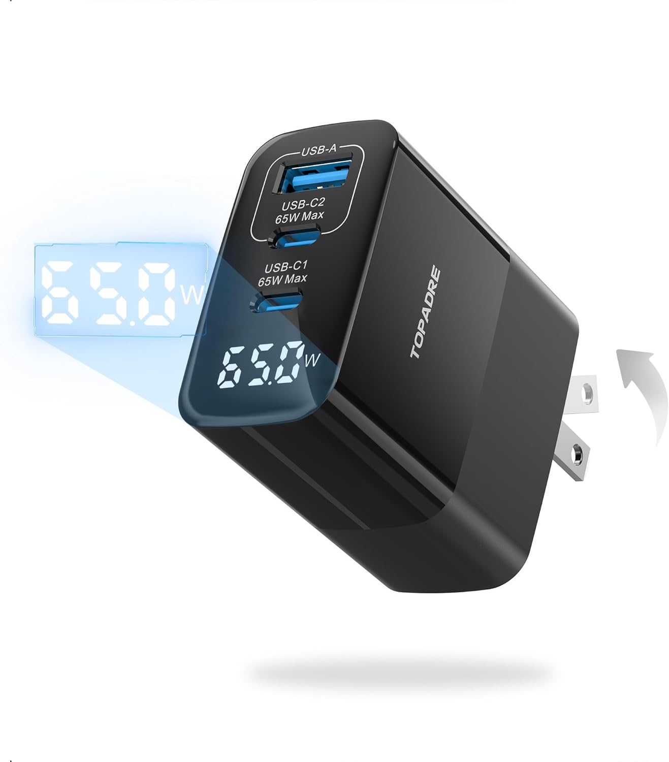 65W USB C Charger Block with Led Display, 3 Ports GaN Wall Charger Foldable Compact Type C Fast Charging for MacBook iPad Pro/Air, iPhone 17/16 Pro/Pro Max, for Samsung Galaxy S25/S24, Black