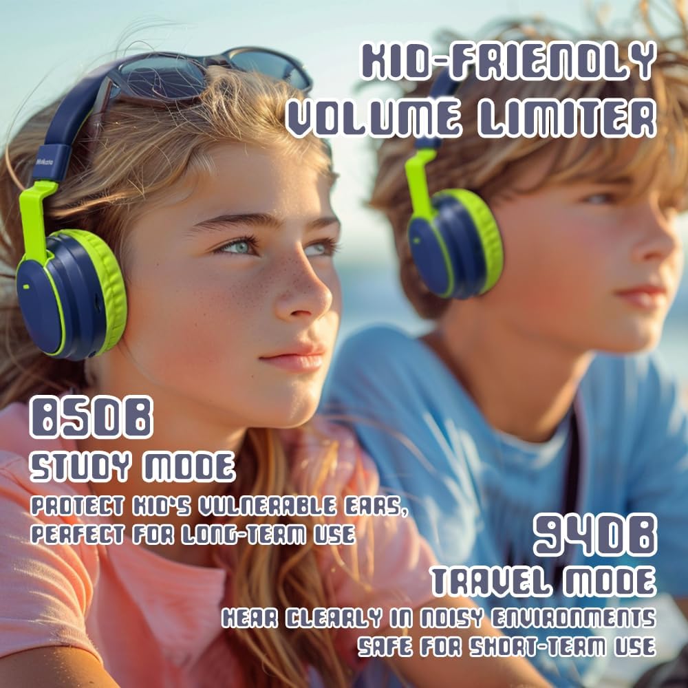 Mokata Kids Headphones Bluetooth 5.3 Wireless Lightweight Fast Charging 68 Hours Play Time Volume Limited 85/94dB Over Ear Foldable with Built-in Mic for Toddler Boy Tablet Pad Deepblue