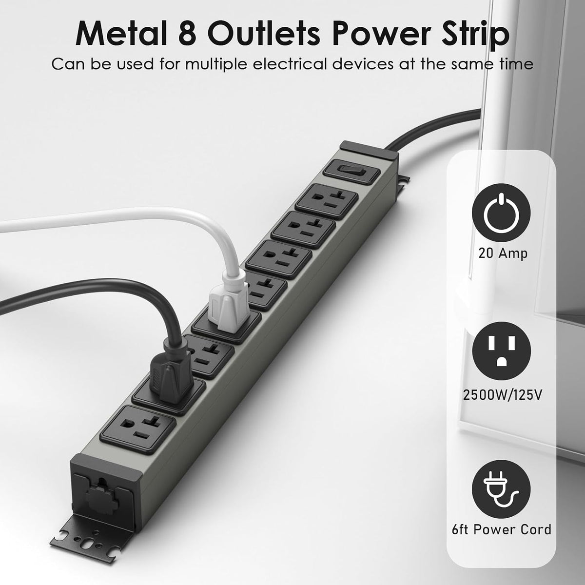 JUNNUJ Heavy Duty Power Strip Wall Mount, 20 Amp Surge Protector 1200J Metal 8 Outlet Under Desk Mounted 20A, Garage Power Table Socket Industrial Outlets 6-20R T-Slot, 6FT 12AWG Extension Cord
