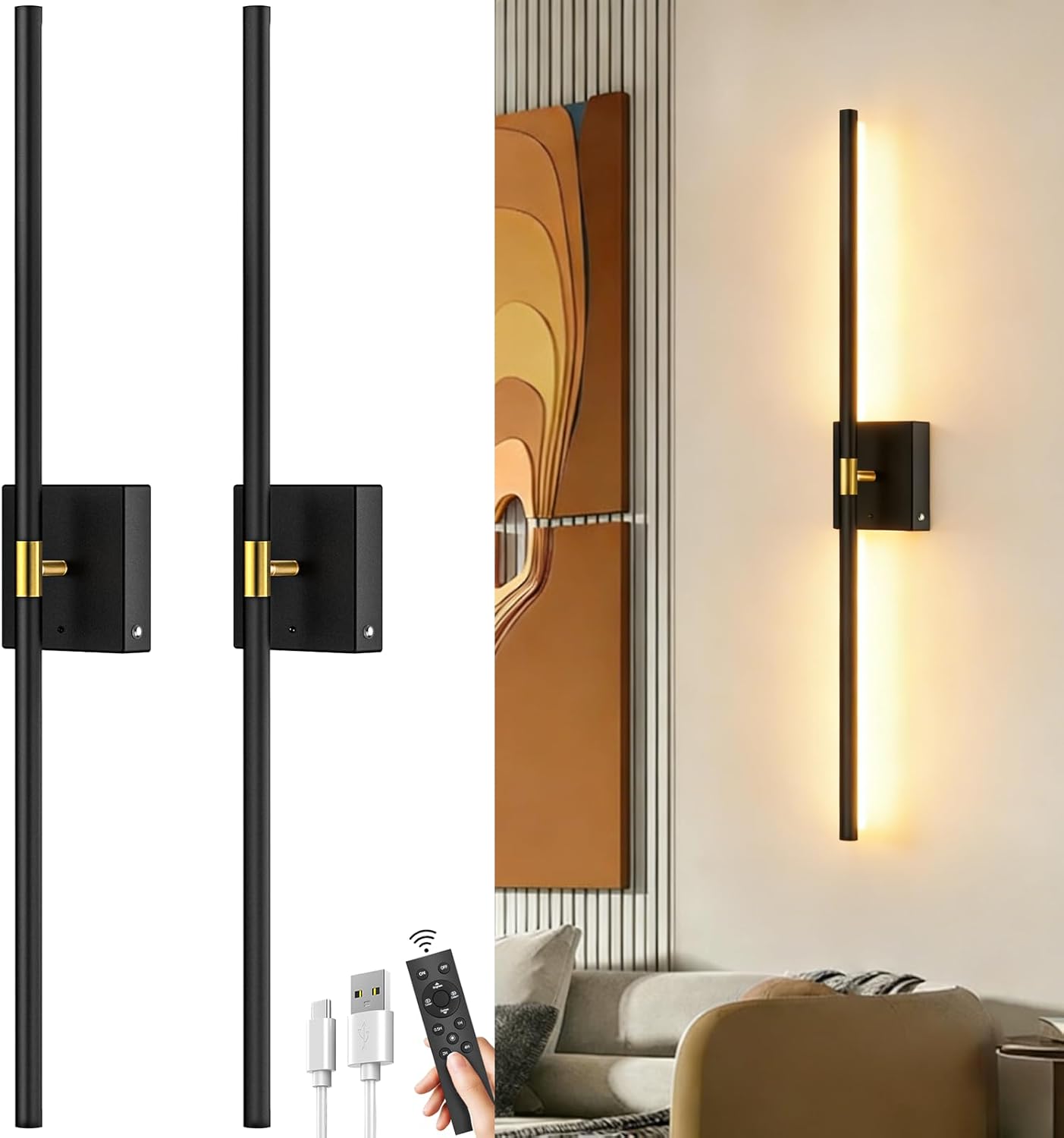 iThird Battery Operated Wall Sconces Set of 2: 10000mAh Rechargeable Wireless Wall Lights, 360° Rotatable Magnetic Wall Lamp, 4CCT Dimmable LED Wall Lighting for Bedroom Living Room Hallway, 31.7in