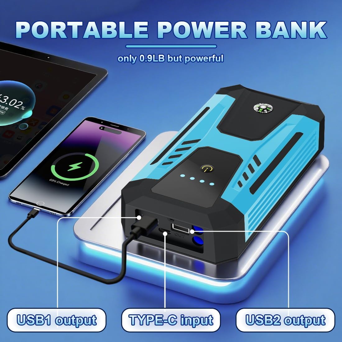 12v Jump Starter for 10.0L Gas/8.0L Diesel, 6000A Peak Car Battery Jumper Starter Portable, IP66 Waterproof Jump Box with Emergency Light and Storage Case
