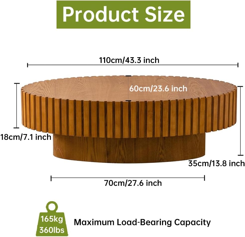 Oval Fluted Coffee Table (Oval Wood 43.3in) | Drum Coffee Tables for Living Room | Modern Pedestal Center Table