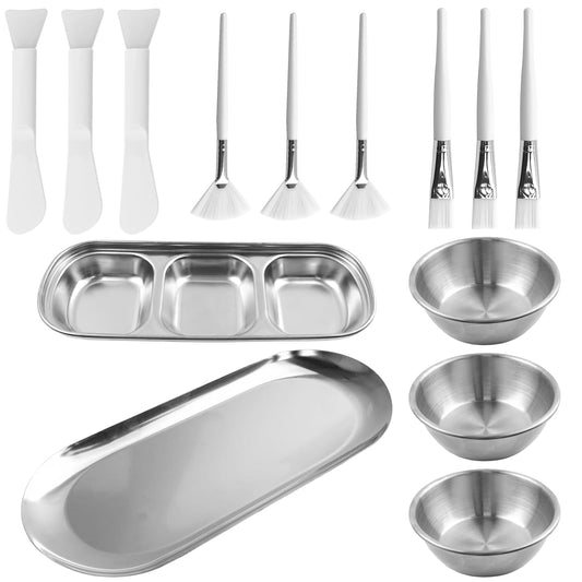 14 Pcs Esthetician Supplies 3 Large Stainless Steel Mixing Bowls 1 Silver Small Serving Tray 1 Serving Tray with 3 Compartment 3 Facial Fan Brushes 3 Face Mask Applicator Brush 3 Facial Mask Scrapers