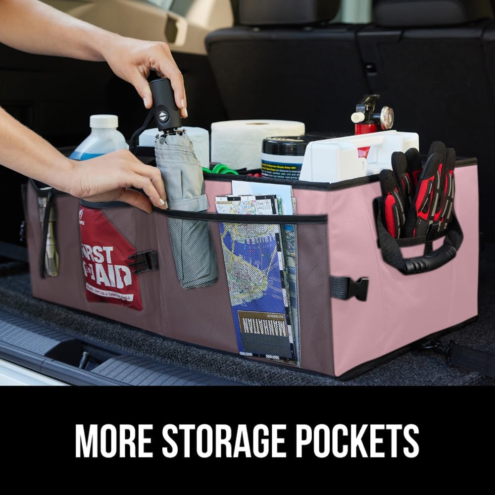 GORILLA GRIP Trunk Organizer for SUV and Cars, Large Capacity Collapsible Car Trunk Storage Organizer, Heavy Duty Car Accessories, Gifts for Mom and Dad, Slip & Water Resistant Multi Compartment, Pink
