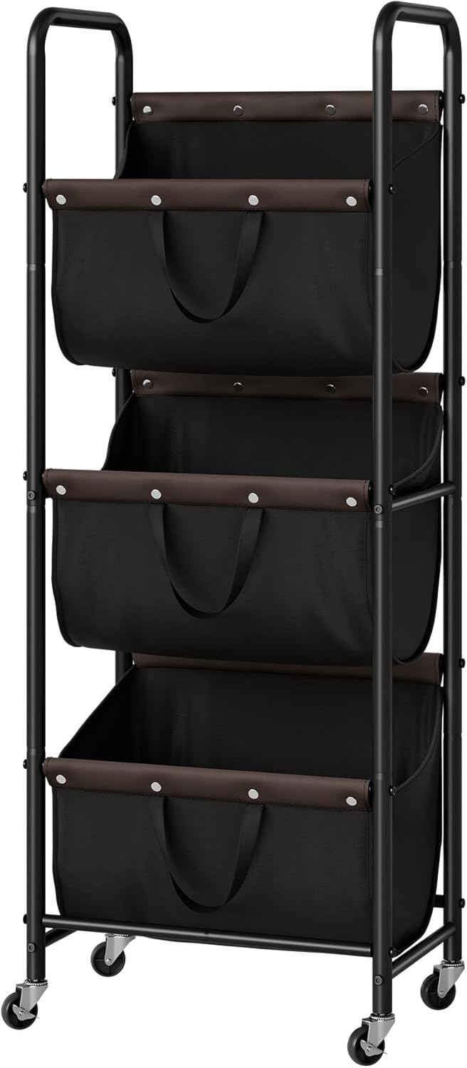 GRANNY SAYS 3 Section Tiered Laundry Sorter, Slim Vertical Laundry Hamper with Wheels, Narrow Rolling Laundry Cart with Removable Bags for Laundry Room, Bathroom, Closet, Dorm, Black