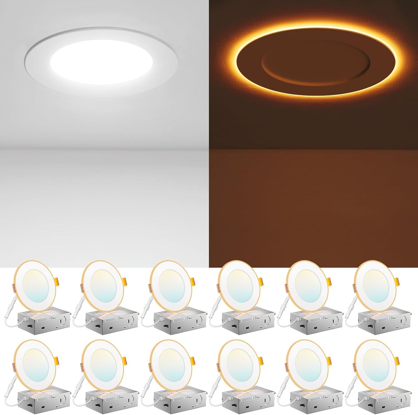 Amico 12 Pack Black 6 Inch 5CCT LED Recessed Ceiling Light with Night Light, 2700K/3000K/3500K/4000K/5000K Selectable Ultra-Thin Lighting, 12W=110W, 1100LM, Dimmable Canless Wafer Downlight - ETL&FCC