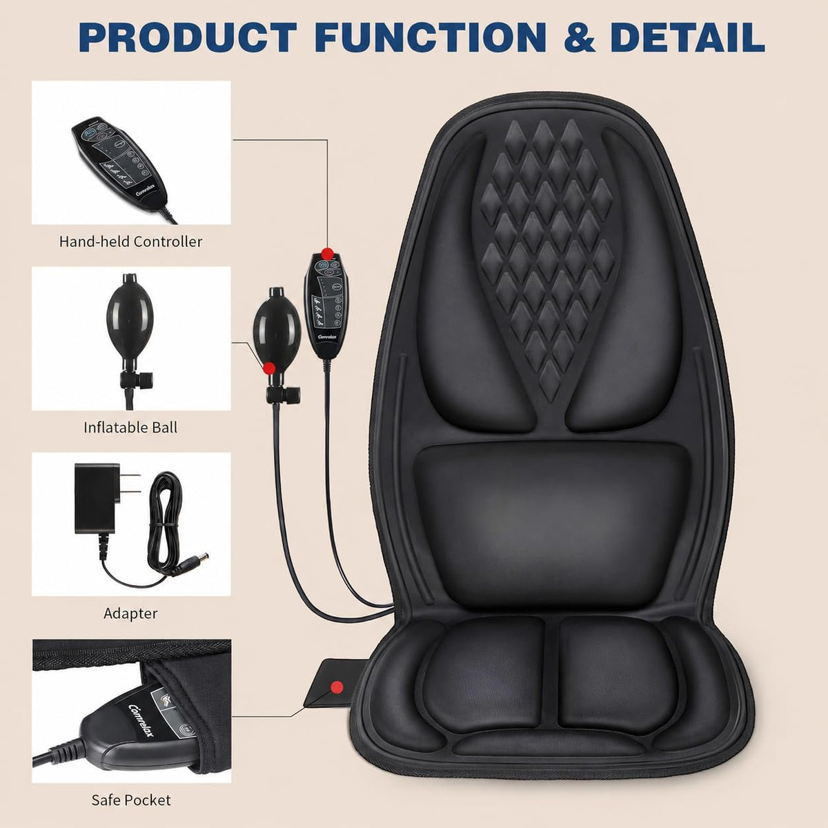 Vibration Massage Seat Cushion with Heat, 8-Motor Chair Massager Pad with Manual Adjustable Lumbar Support, 9 Modes, 3 Intensities and 20-Min Auto Shut-Off for Office Chair, Sofa and Recliner