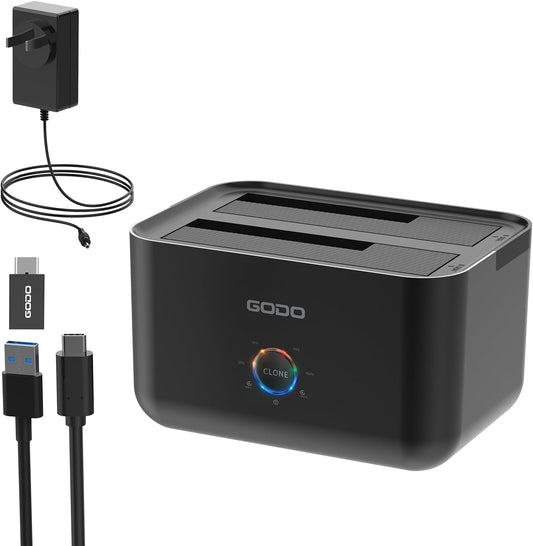 GODO 2.5/3.5" SATA Dual-Bay Hard Drive Dock, USB-C, Offline Clone, 20TBx2 Black
