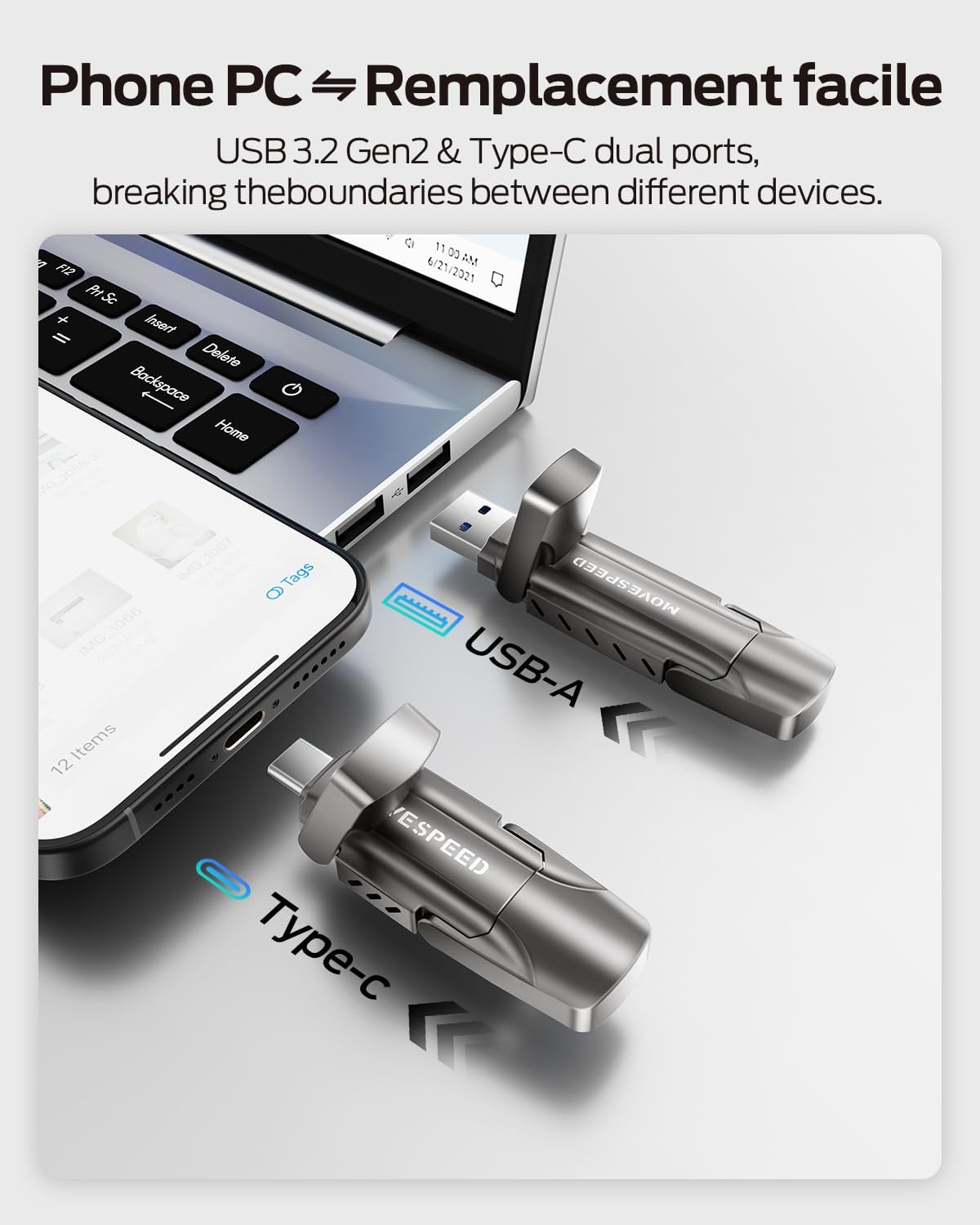 MOVE SPEED 1TB Flash Drive, External SSD with 1000MB/s Read Write Speed, USB 3.2 Gen2+Type C Dual Port Portable SSD, Thumb Drive for iPhone 15, 16, 17 Series/MacBook/Android Phone/Audio etc(1 Pack)