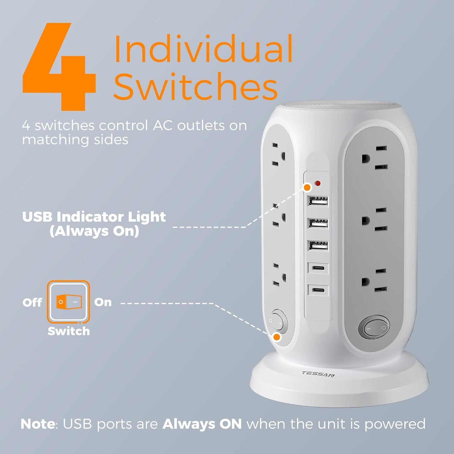 TESSAN Tower Power Strip with Individual Switches, 12 Outlets and 5 USB Ports(2 USB C), Flat Extension Cord 10 Ft, 1250W, Charging Station for Multiple Devices, Office, Dorm, Grey