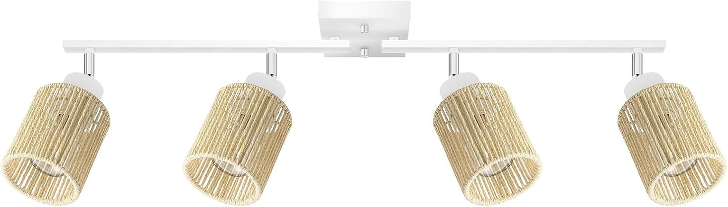 BoostArea 4 Light Track Lighting Kit, 4 Way Ceiling Spot Lighting with Handwoven Hemp Rope Lampshade, Flexibly Rotatable Light Head for Kitchen, Living Room, Bedroom, Bulb Not Included