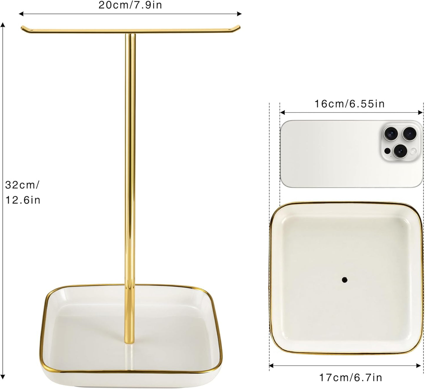 Jewelry Holder Stand with Ceramic Base: 12" Tall Necklace Organizer Rack, Tree Design Display Storage for Necklaces, Bracelets, Rings, Earrings, Aesthetic Room Décor for Girls and Women, Gold