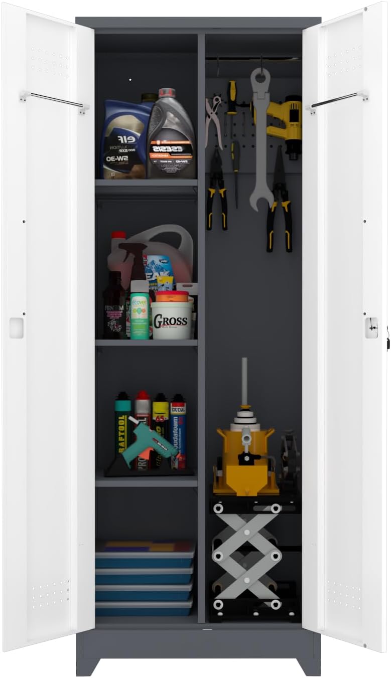 LUCYPAL Broom Closet Storage Cabinet,65" H Metal Cleaning Tool Cabinets with Hooks and Hanging Rods,Slim Utility Closet Cabinet for Garage,Utility Room,Gym,Mops,Kitchen,White