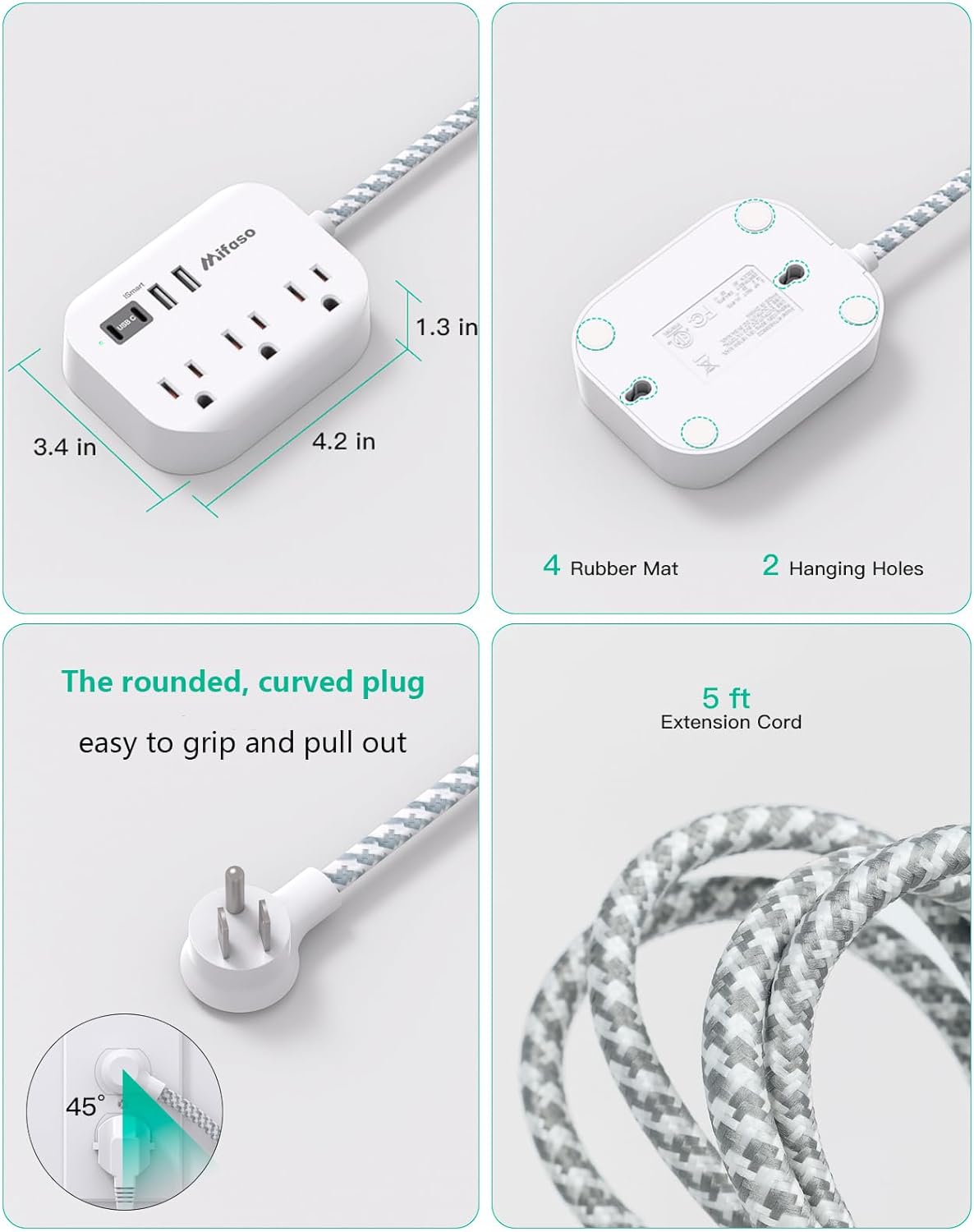 Cruise Ship Essentials - Mifaso Power Strip with USB Ports, 5Ft Flat Extension Cord with Multiple Outlets, USB Charging Station with Non Surge Protector for Cruise Ship, Travel, Dorm Room Essentials