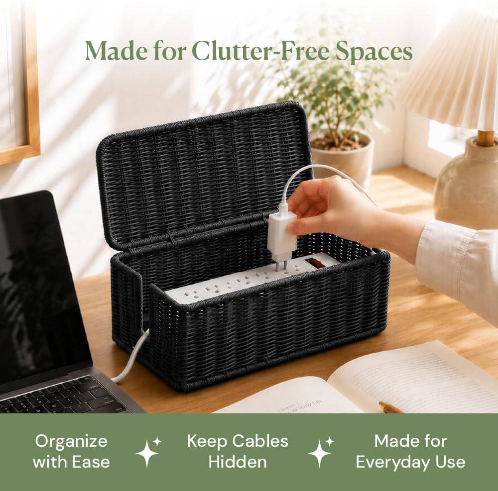 Cable Management Box, Handmade Rattan Cord Organizer for Power Strip | Open Slots Cord Hider for Power Strip, Router & USB Hub, Registered U.S. Design Patent
