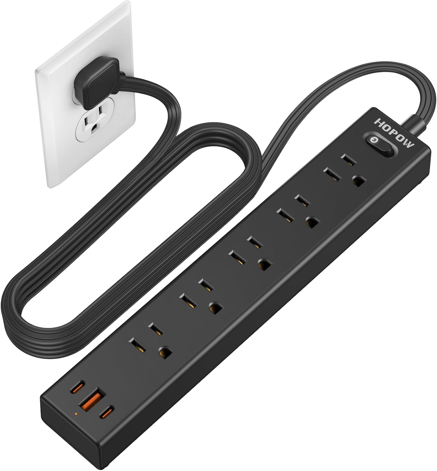 HOPOW Flat Plug Power Strip, 6 Ft Ultra Thin Extension Cord, Surge Protector with 5 Outlets & 3 USB Ports (2 USB C), 1700 Joules, Wall Mount, Desktop Charging Station for Home Office Dorm, Black