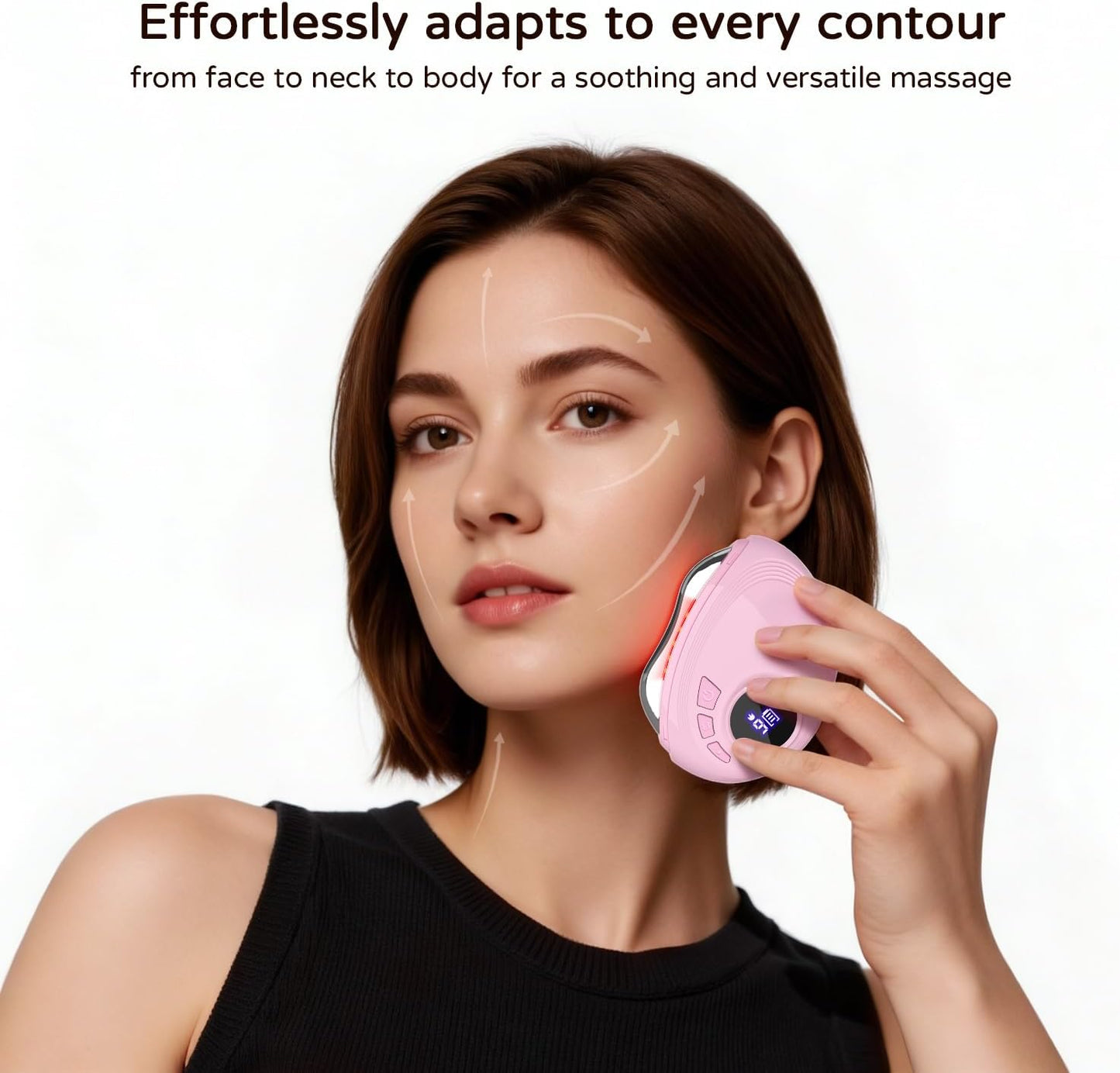 Professional LED Red Light Gua Sha Massager, 9-Level Adjustable Face and Neck Sculptor for Skin Firming, Jawline Contouring & Serum Absorption, Portable Metal Facial Skincare Tool - Pink