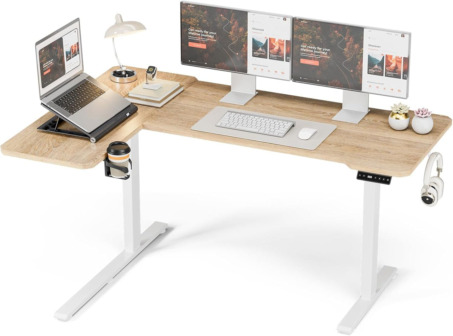 Acrolix L Shaped Electric Standing Desk - 59x40 Inch Reversible Corner Sit Stand Desk with Hook&Cup Holder,Electric Height Adjustable Table,for Home Office Gaming Computer Desk, Oak