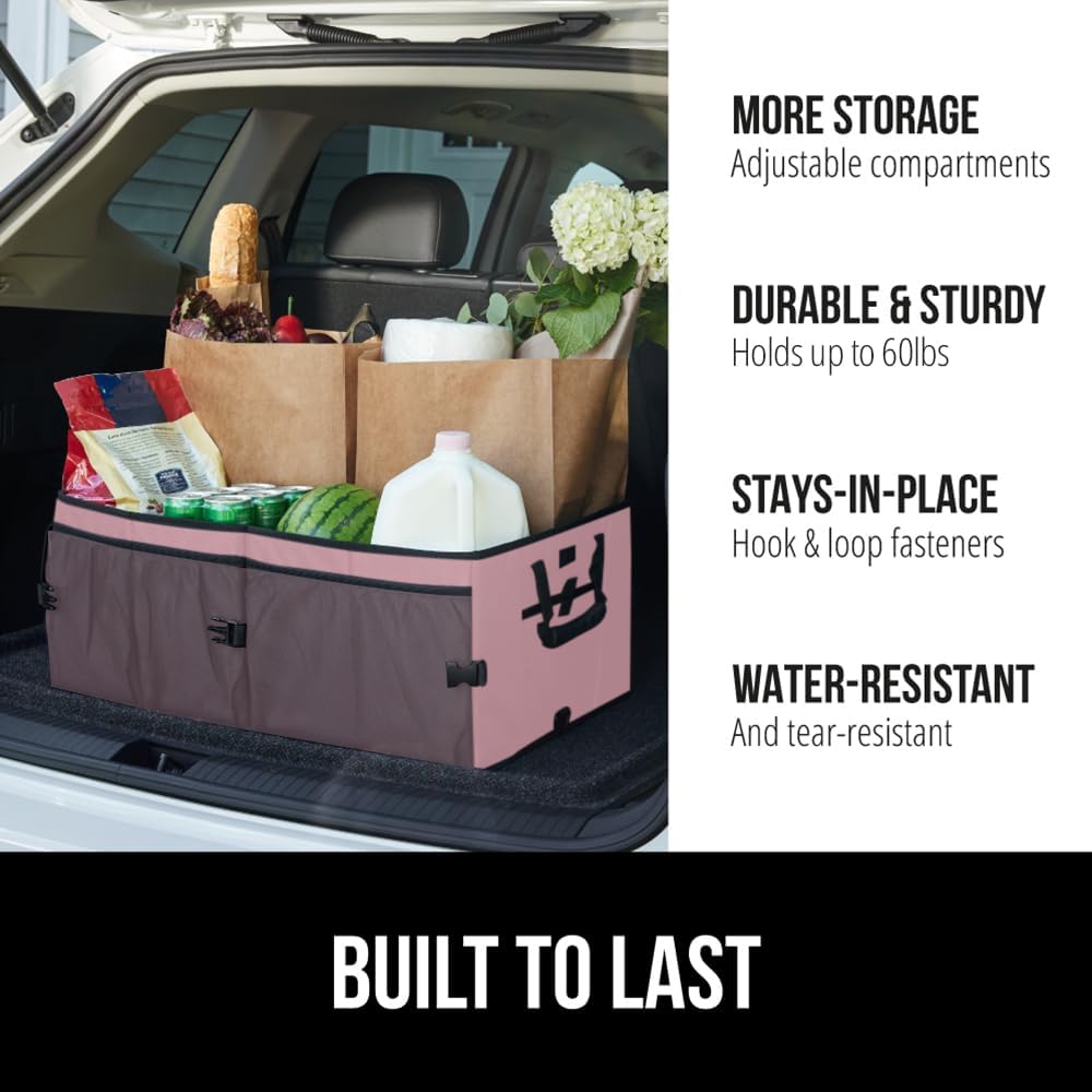 GORILLA GRIP Trunk Organizer for SUV and Cars, Large Capacity Collapsible Car Trunk Storage Organizer, Heavy Duty Car Accessories, Gifts for Mom and Dad, Slip & Water Resistant Multi Compartment, Pink