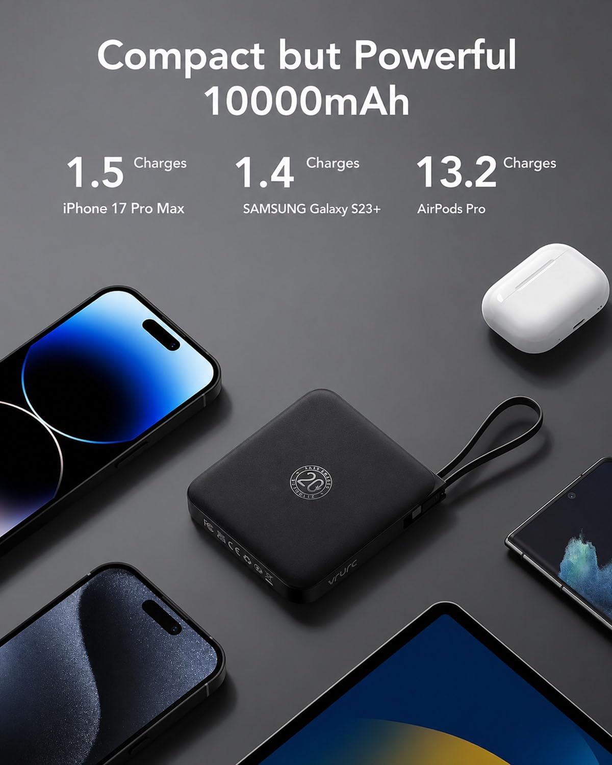 VRURC Portable Charger with Built-in Cables, 10000mAh 22.5W Fast Charging USB C Power Bank with LED Digital Display, Slim Battery Pack for iPhone 17/16/15 & Samsung Galaxy & Android Phones (Black)