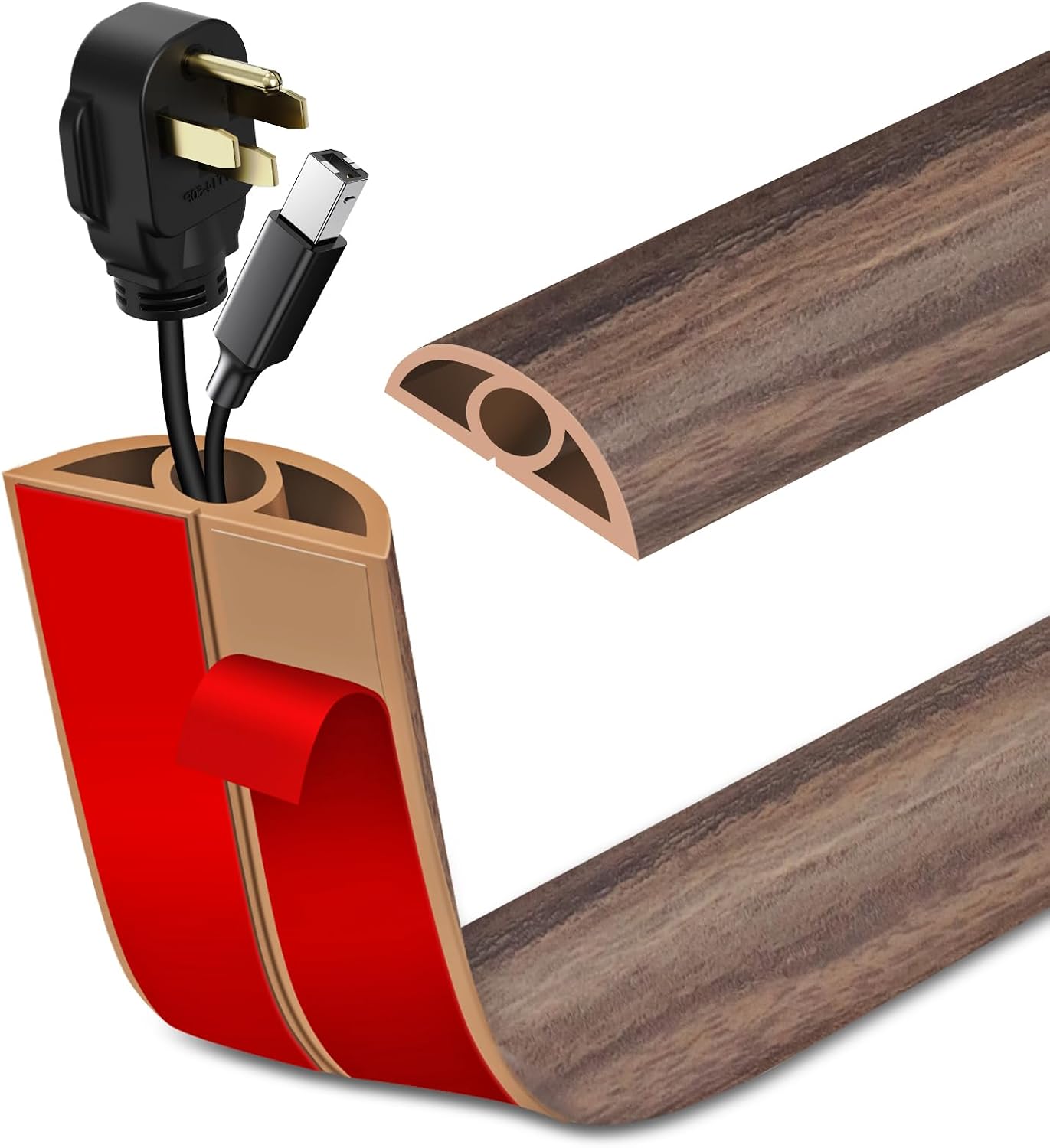 LSGCQ Floor Cord Cover Self Adhesive Cord Hider Floor Cable Management | Cord Covers for Wires on Floor Cable Cover, Prevent Cable Trips, Cable Cavity 0.32" W x 0.32" H, 20Ft, Smoked Brown Wood