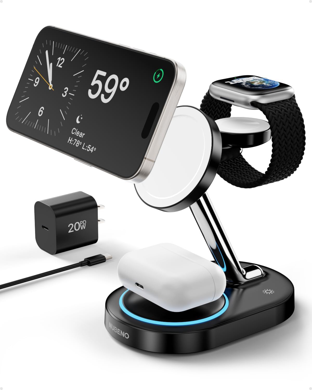 Magnetic Charging Station for iPhone 16/16 Pro/16 Pro Max, Wireless Charger Station for MagSafe iPhones, 3 in 1 Magnetic Charger Stand for iPhone 16/15/14/13/12 Series, Apple Watch & AirPods.(White)