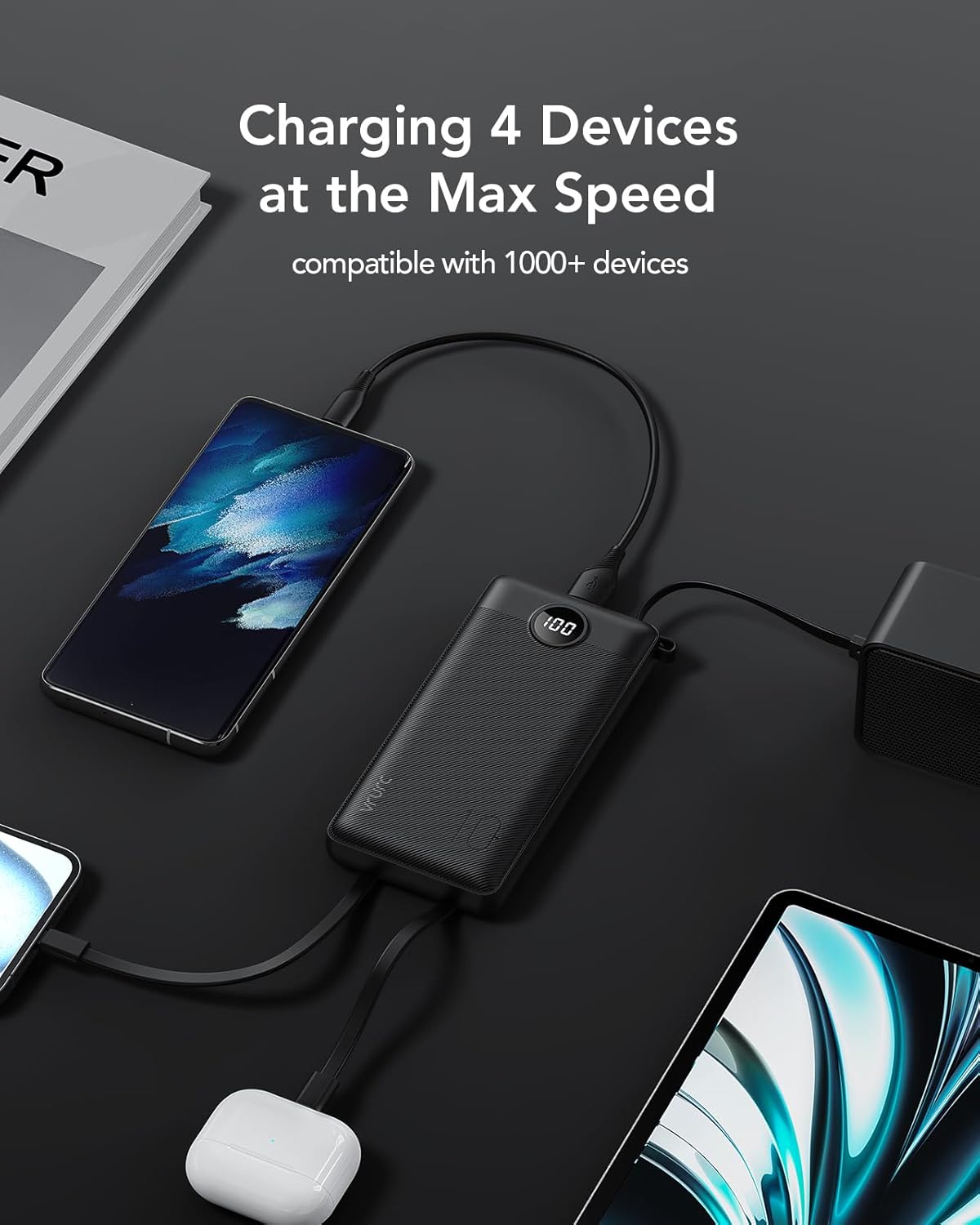 VRURC Portable Charger, 22.5W Fast Charging Power Bank Built‑in 4 Cables, 10000mAh Slim Lightweight Travel Battery Pack for iPhone, Samsung & Multi Devices, Pocket‑Friendly with Lanyard(1 Pack)