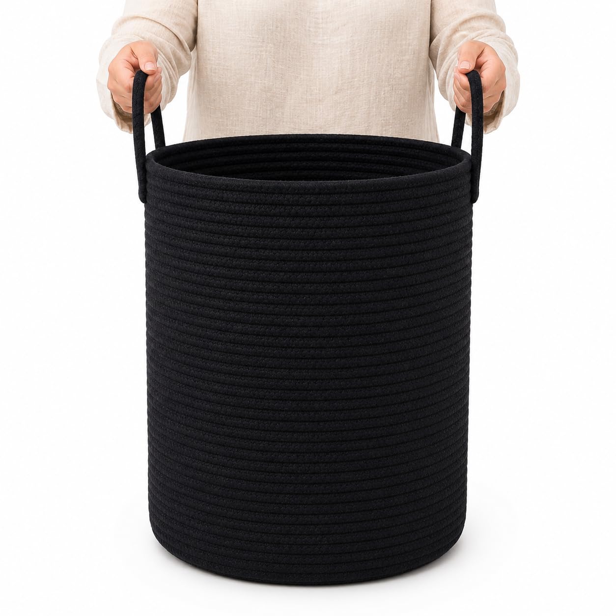 OrganiHaus Tall Cotton Rope Laundry Basket & Hamper, Blanket Storage 52L | Full Black - Tall Cotton Rope Hamper, 52L